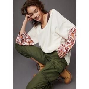 Anthropologie Annette Thermal Waffle Shirt •XS• Oversized Knit Floral Sleeve Top